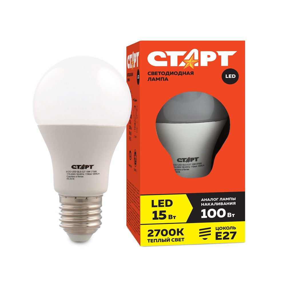 Лампа светодиодная Старт eco LED GLS 15W E27 2700К