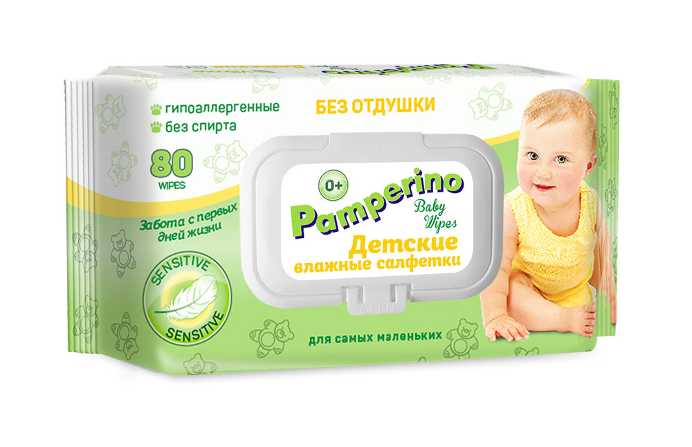 Детские влажные салфетки Pamperino без отдушки  с пластиковым клапаном 80шт